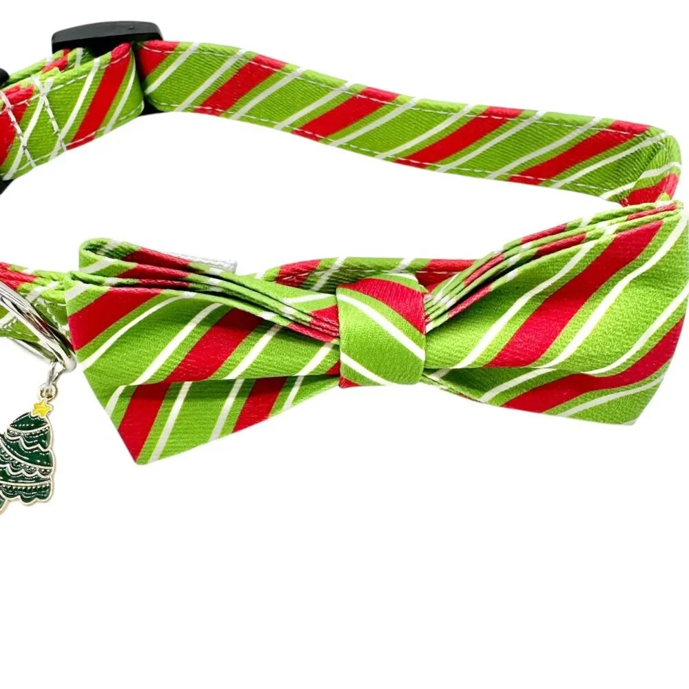 Holiday Dog Bow Tie Collar Christmas Tree Charm Small Adjustable Red Green NEW